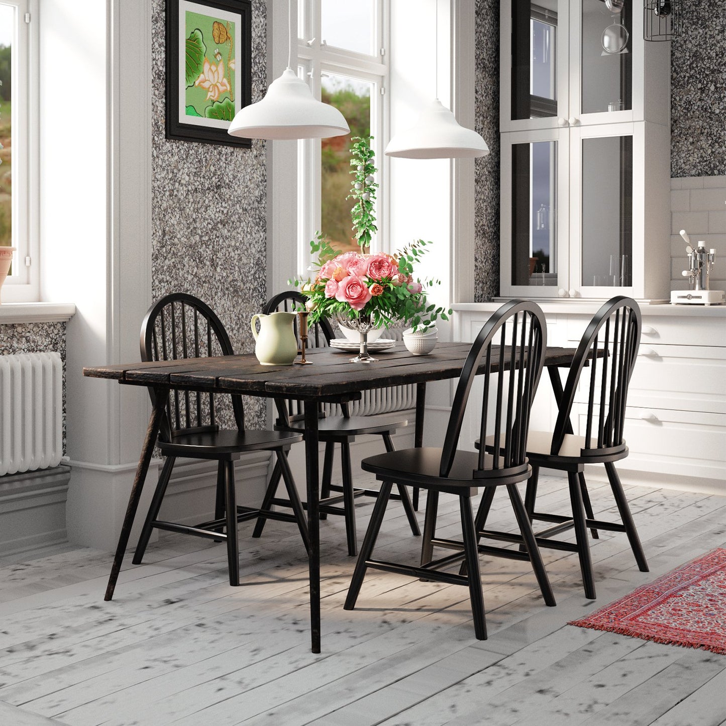 Set of 2 Vintage Windsor Wood Chair with Spindle Back for Dining Room-Black
