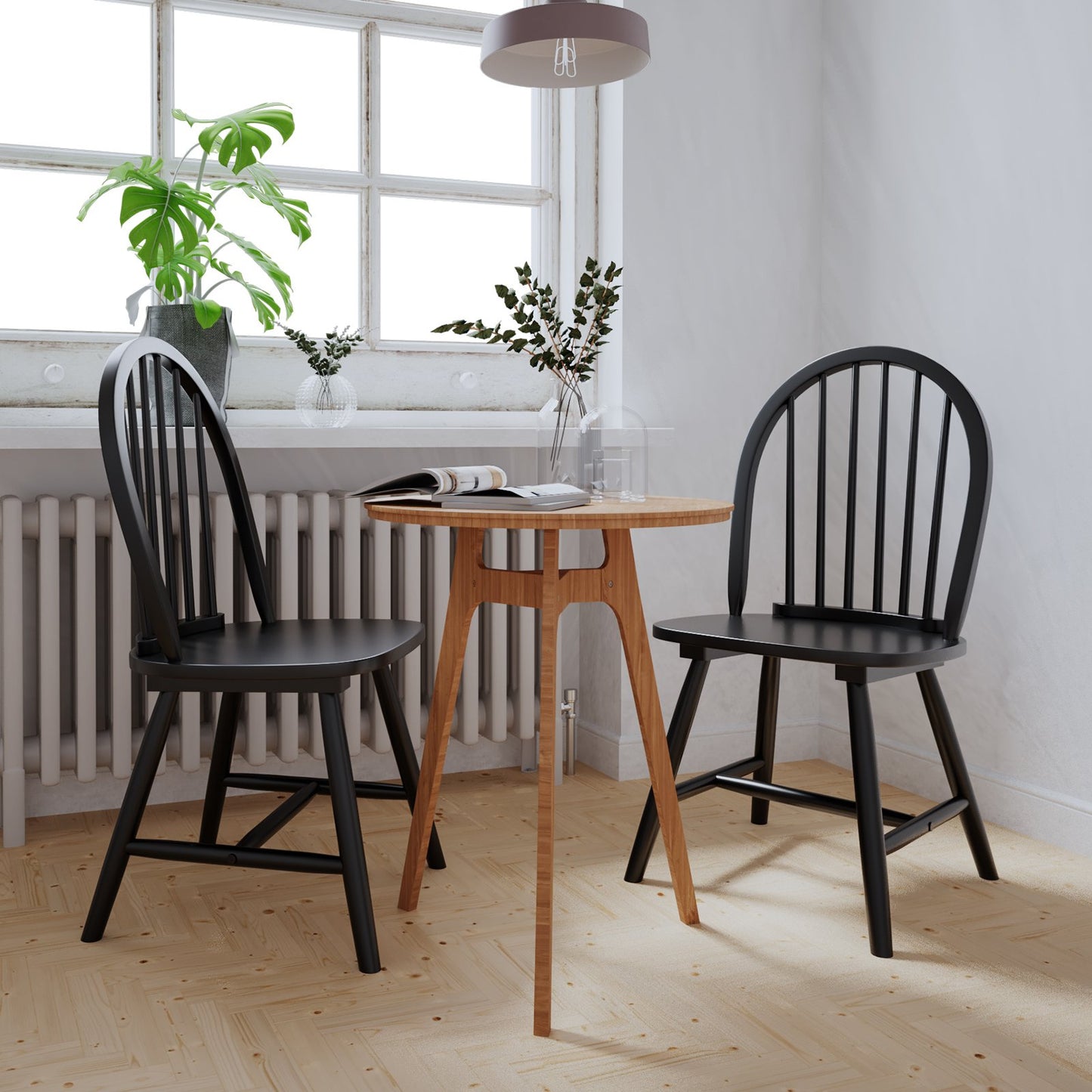 Set of 2 Vintage Windsor Wood Chair with Spindle Back for Dining Room-Black
