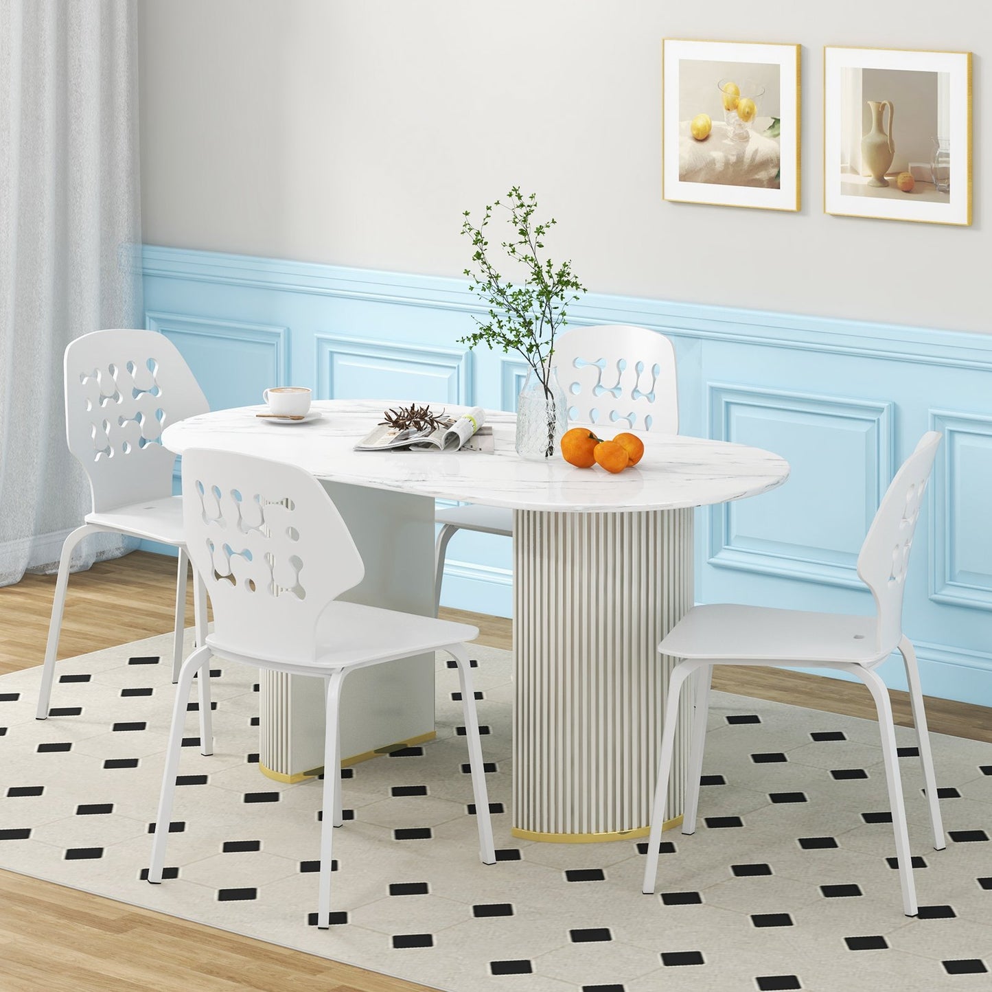 Set of 4 Metal Dining Chair with Hollowed Backrest and Metal Legs-Blue