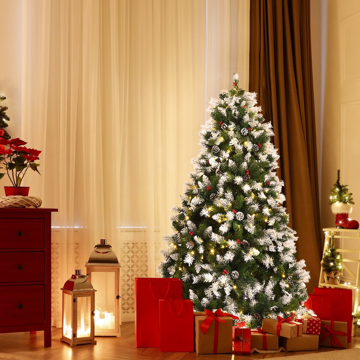 Pre-lit Snow Flocked Christmas Tree with Red Berries and LED Lights-7.5 Feet