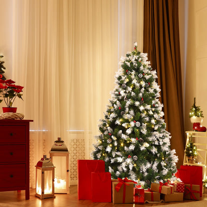 Pre-lit Snow Flocked Christmas Tree with Red Berries and LED Lights-7.5 Feet