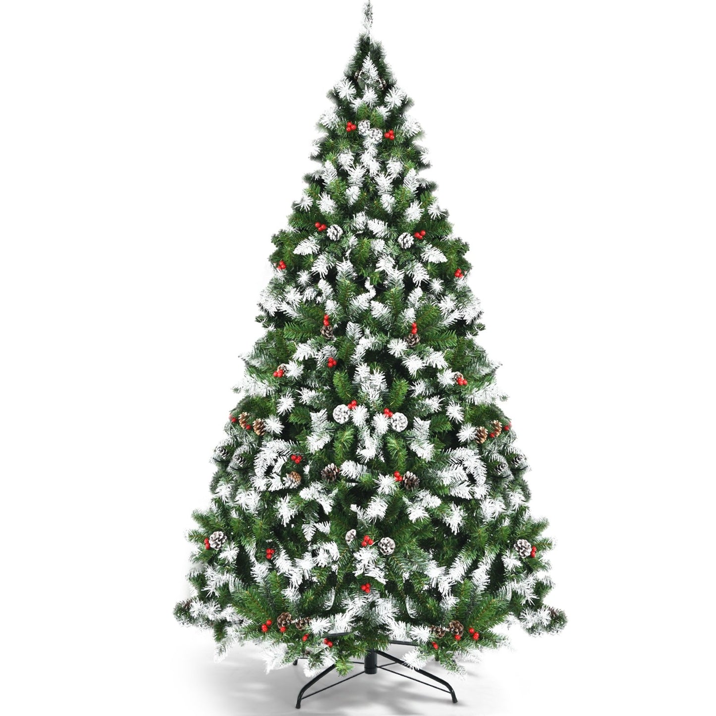Pre-lit Snow Flocked Christmas Tree with Red Berries and LED Lights-7.5 Feet