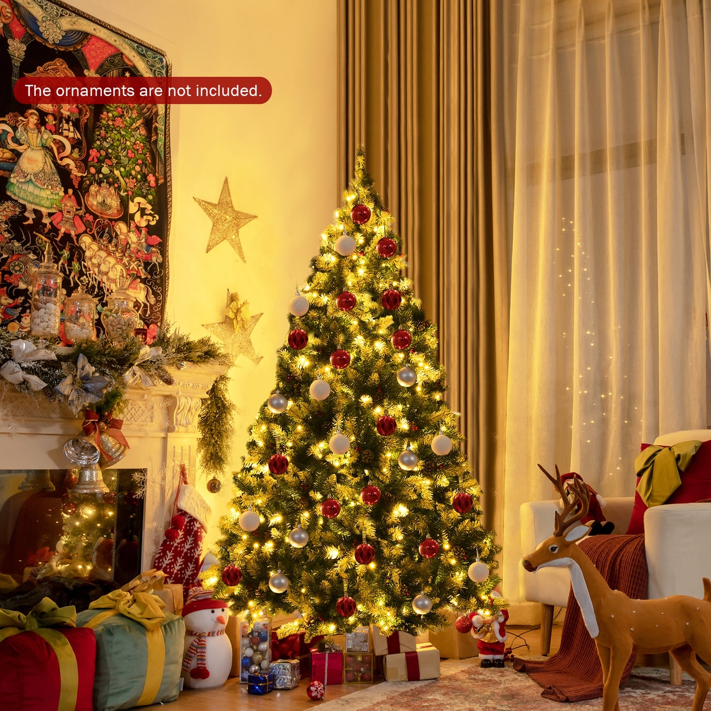 Pre-lit Snow Flocked Christmas Tree with Red Berries and LED Lights-7.5 Feet