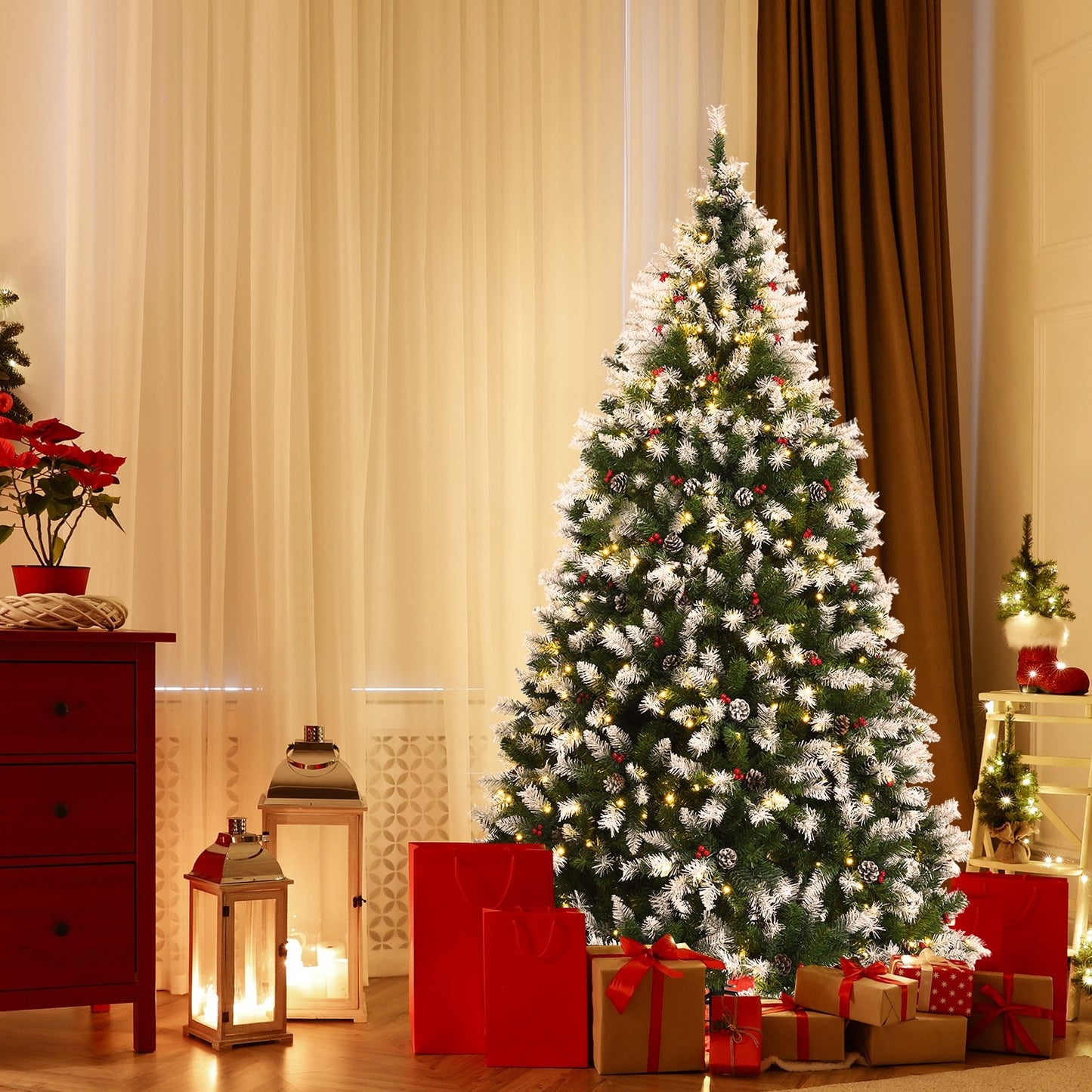 Pre-lit Snow Flocked Christmas Tree with Red Berries and LED Lights-7.5 Feet