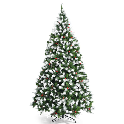 Pre-lit Snow Flocked Christmas Tree with Red Berries and LED Lights-7.5 Feet
