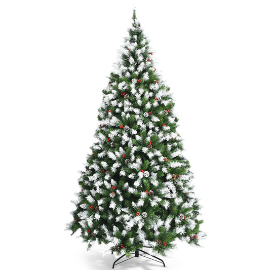 Pre-lit Snow Flocked Christmas Tree with Red Berries and LED Lights-7.5 Feet