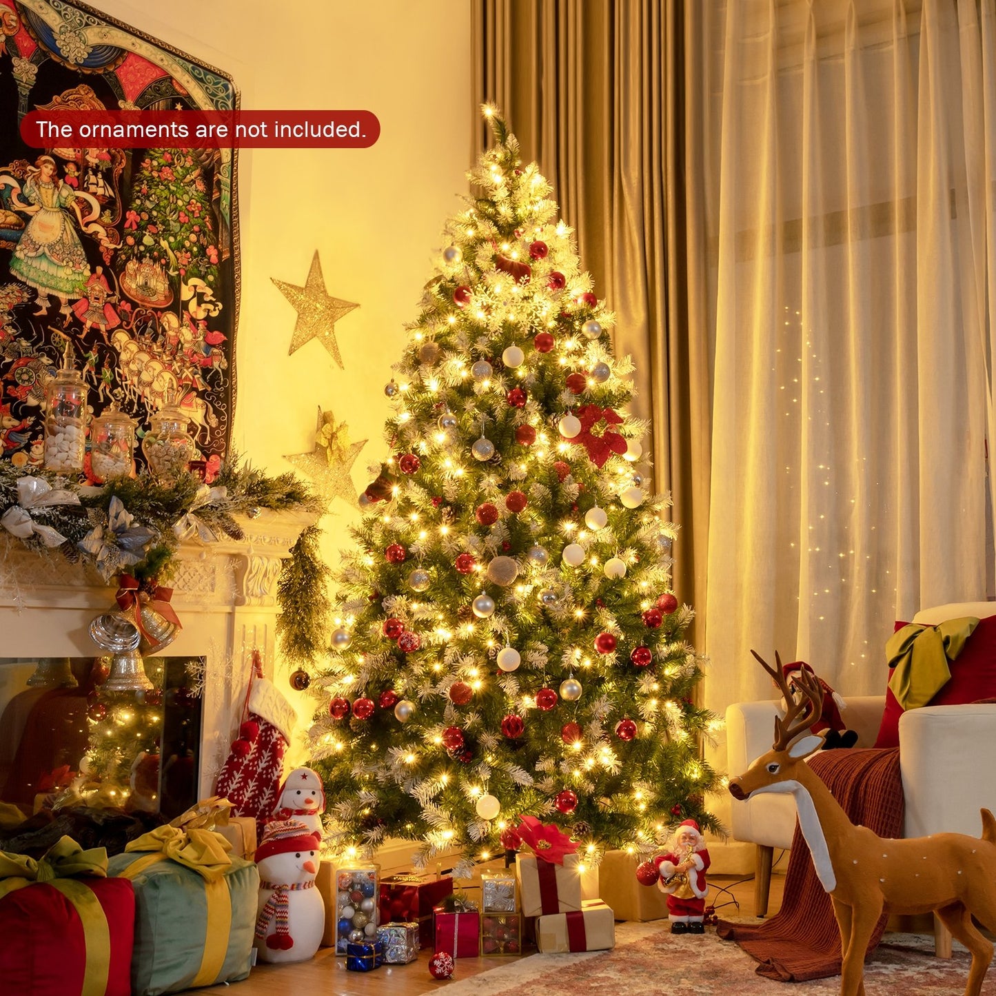 Pre-lit Snow Flocked Christmas Tree with Red Berries and LED Lights-7.5 Feet
