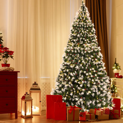 Pre-lit Snow Flocked Christmas Tree with Red Berries and LED Lights-7.5 Feet