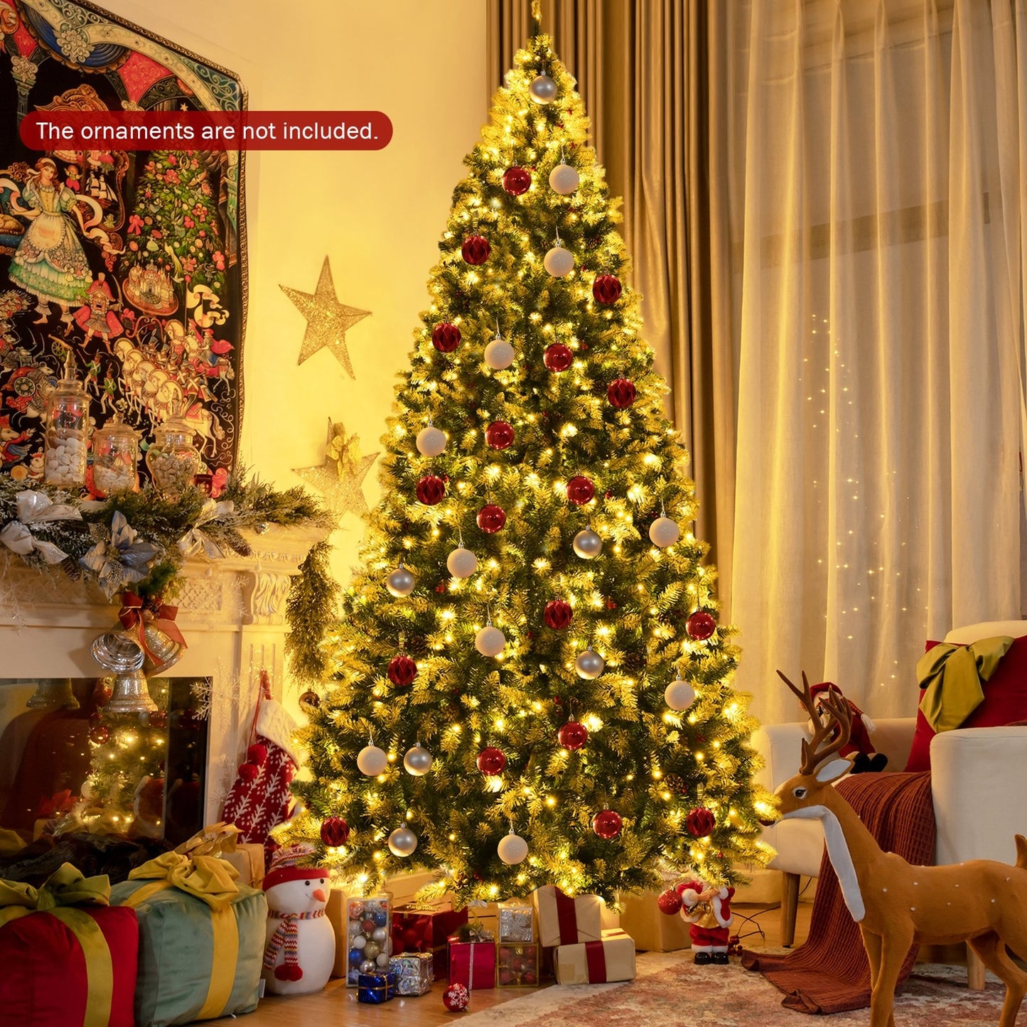 Pre-lit Snow Flocked Christmas Tree with Red Berries and LED Lights-7.5 Feet