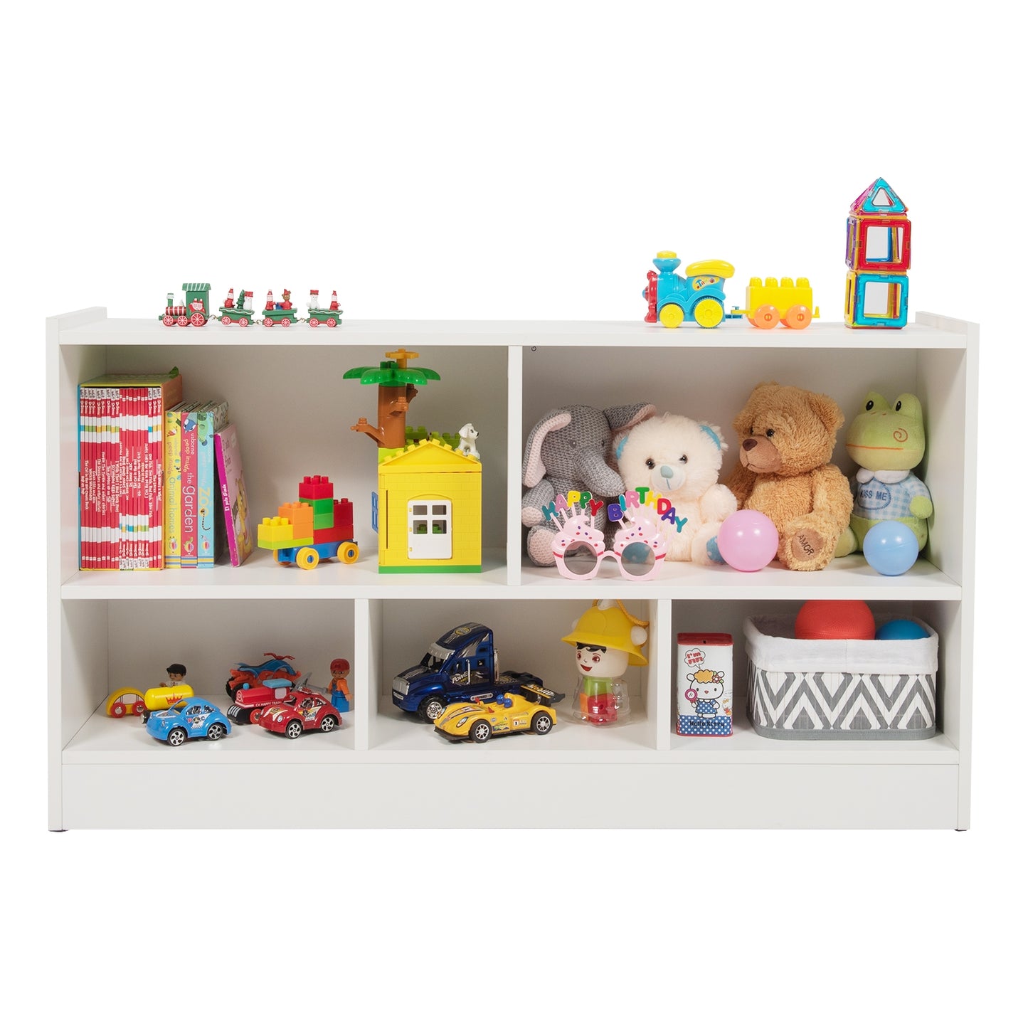 Kids 2-Shelf Bookcase 5-Cube Wood Toy Storage Cabinet Organizer-White