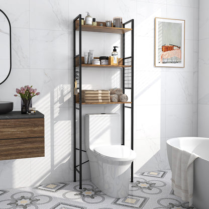 3-Tier Over-the-Toilet Storage Rack with 3 Hooks-Rustic Brown