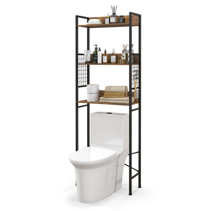 3-Tier Over-the-Toilet Storage Rack with 3 Hooks-Rustic Brown