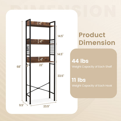 3-Tier Over-the-Toilet Storage Rack with 3 Hooks-Rustic Brown