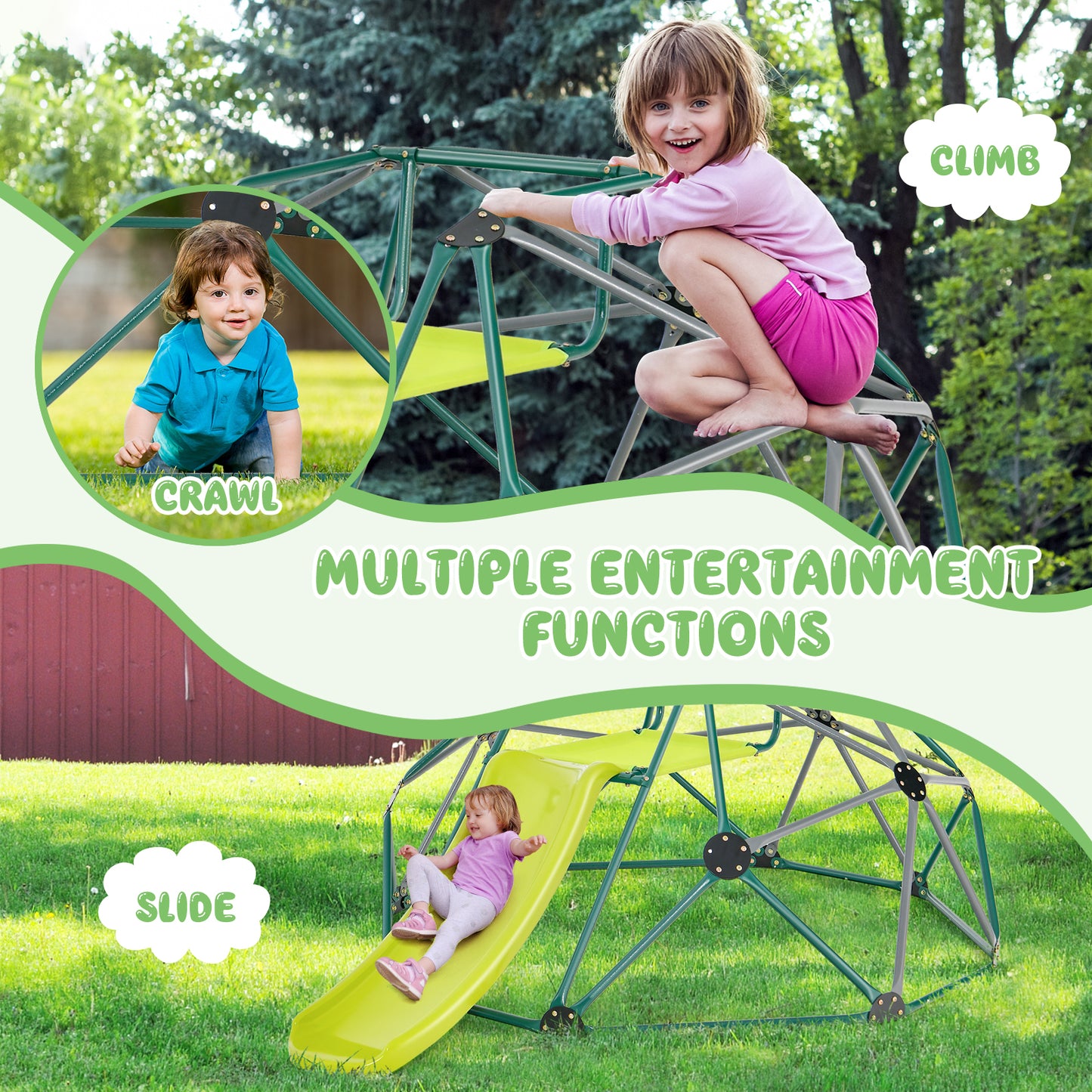 Kids Climbing Dome with Slide and Fabric Cushion for Garden Yard-Green