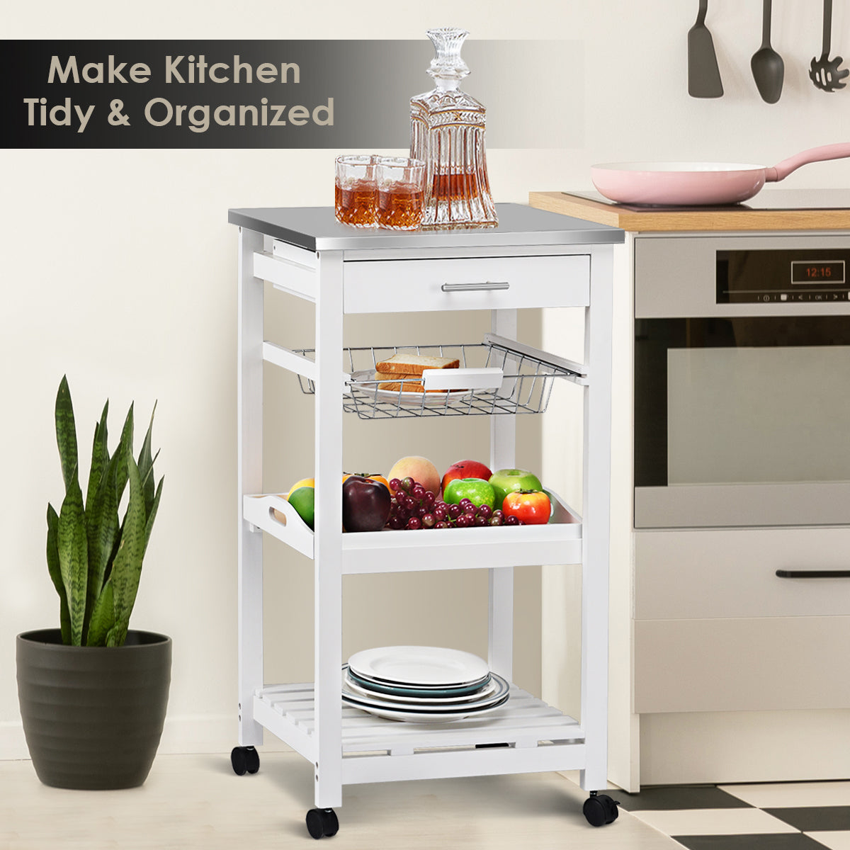 Kitchen Island Cart with Stainless Steel Tabletop and Basket-Black