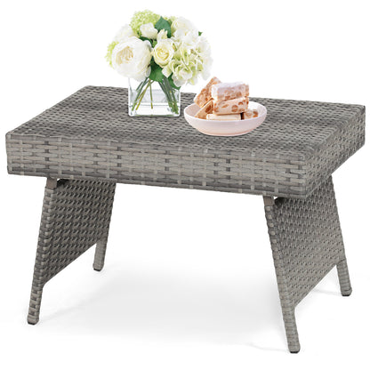 Folding PE Rattan Side Coffee Table Patio Garden Furniture-Gray