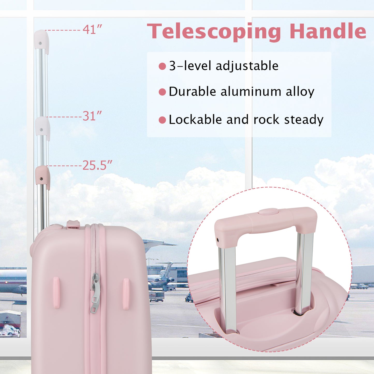 Hardside Luggage with Spinner Wheels with TSA Lock and Height Adjustable Handle-Pink