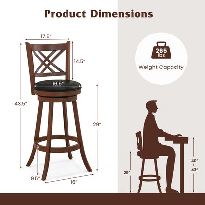 360° Swivel Upholstered Barstools Set of 2 with Back and Footrest-29 inches