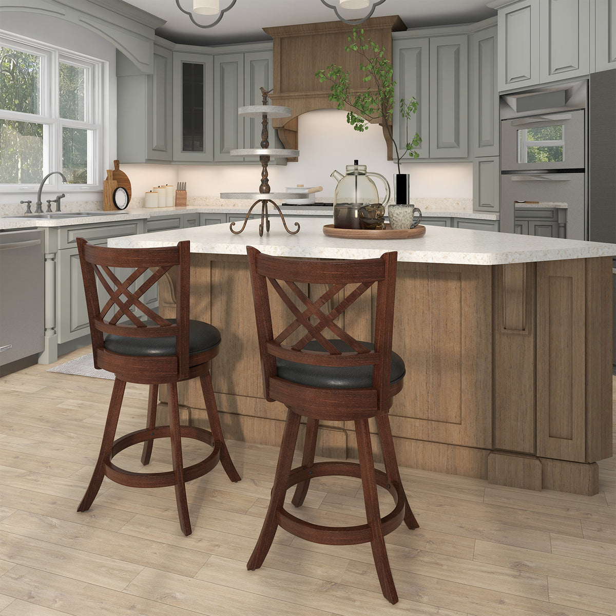 360° Swivel Upholstered Barstools Set of 2 with Back and Footrest-24 inches