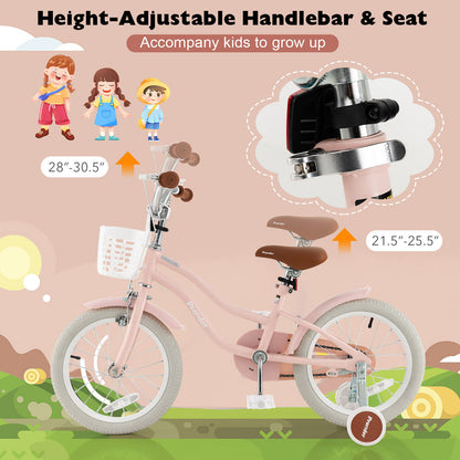 16 Inch Kids Bike with Front Handbrake and 2 Training Wheels-Pink
