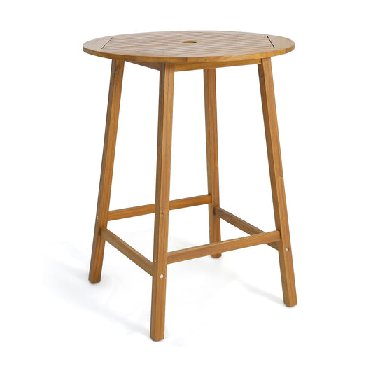 Bar Height Table with Umbrella Hole and Slatted Tabletop for Outdoors