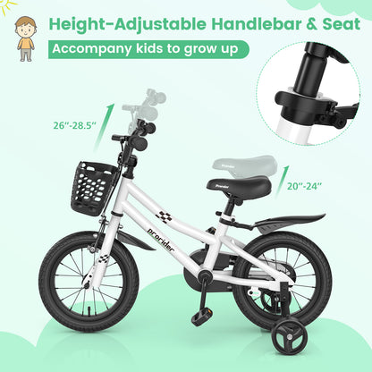 14 Inch Kids Bike with 2 Training Wheels for 3-5 Years Old-White