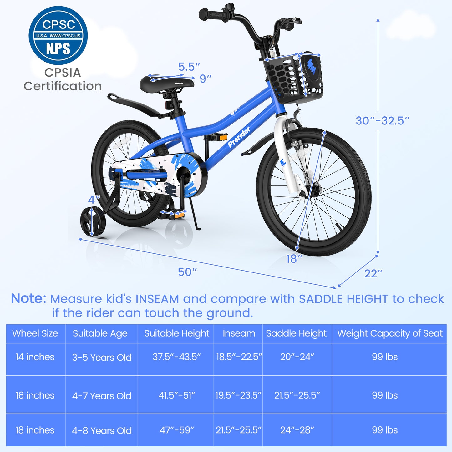 18 Feet Kids Bike with Removable Training Wheels-Blue