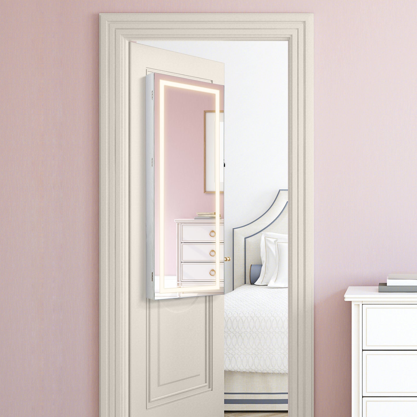 42.5 Inches Lockable Jewelry Mirror Wall Cabinet with 3-Color LED Lights-White