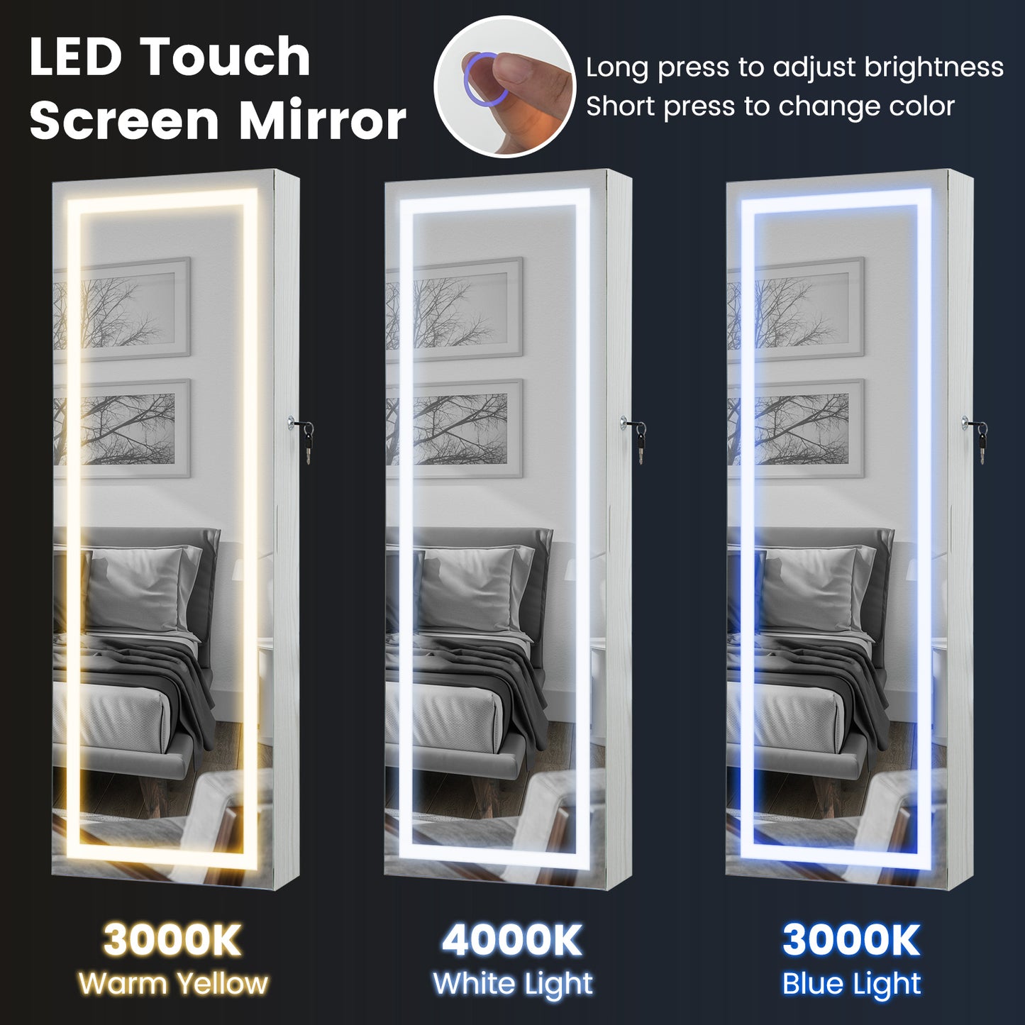 42.5 Inches Lockable Jewelry Mirror Wall Cabinet with 3-Color LED Lights-White