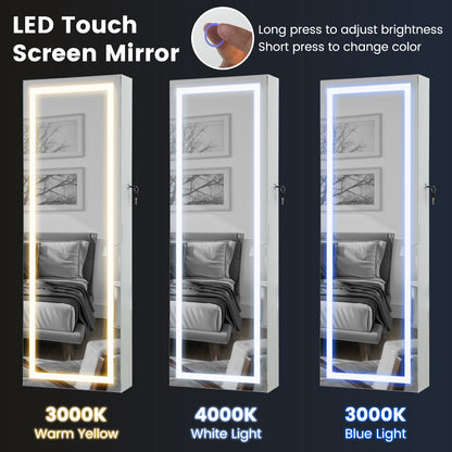42.5 Inches Lockable Jewelry Mirror Wall Cabinet with 3-Color LED Lights-White