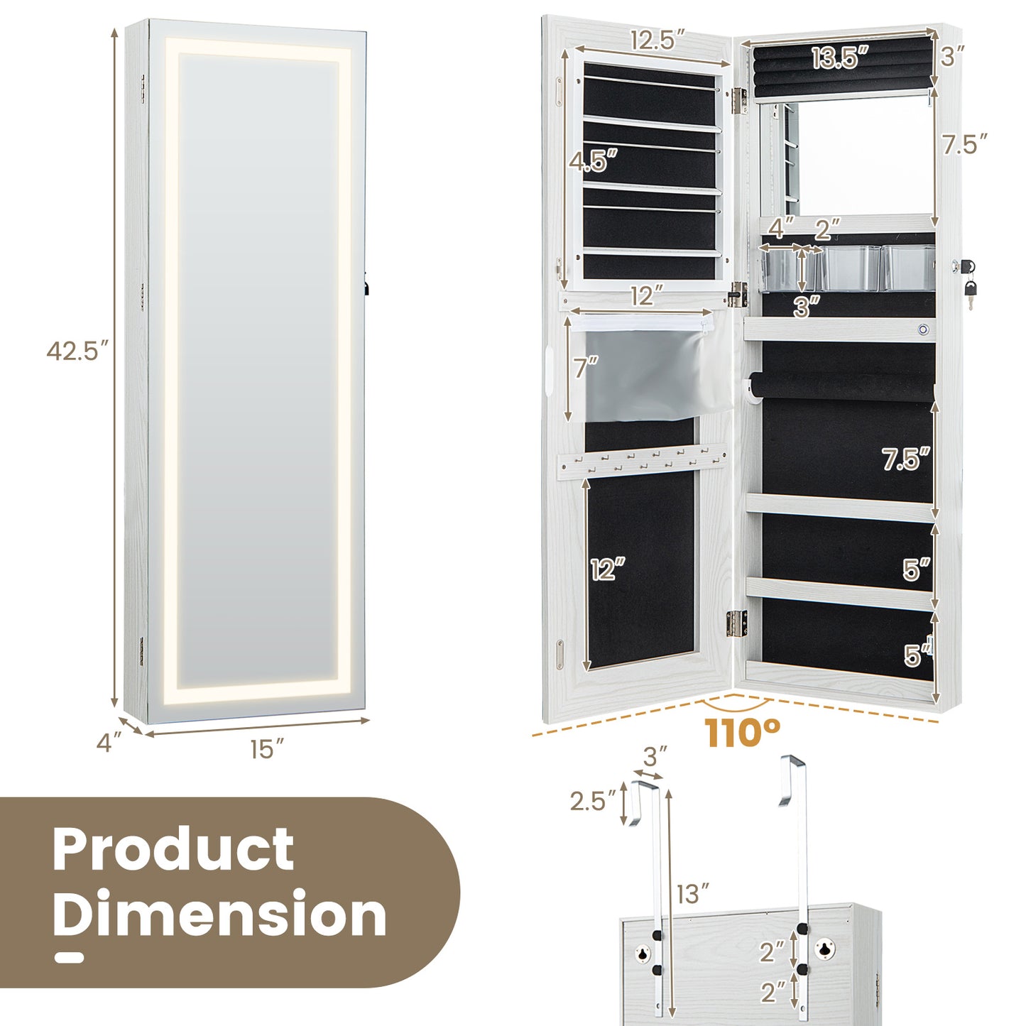 42.5 Inches Lockable Jewelry Mirror Wall Cabinet with 3-Color LED Lights-White