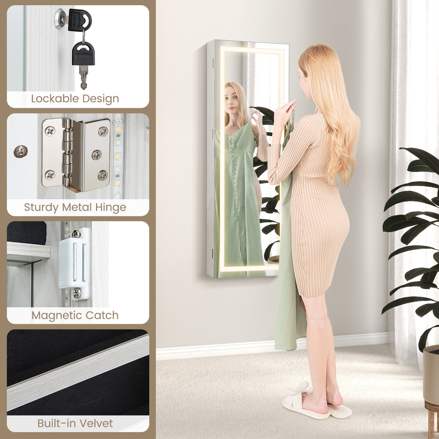 42.5 Inches Lockable Jewelry Mirror Wall Cabinet with 3-Color LED Lights-White