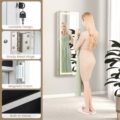 42.5 Inches Lockable Jewelry Mirror Wall Cabinet with 3-Color LED Lights-White