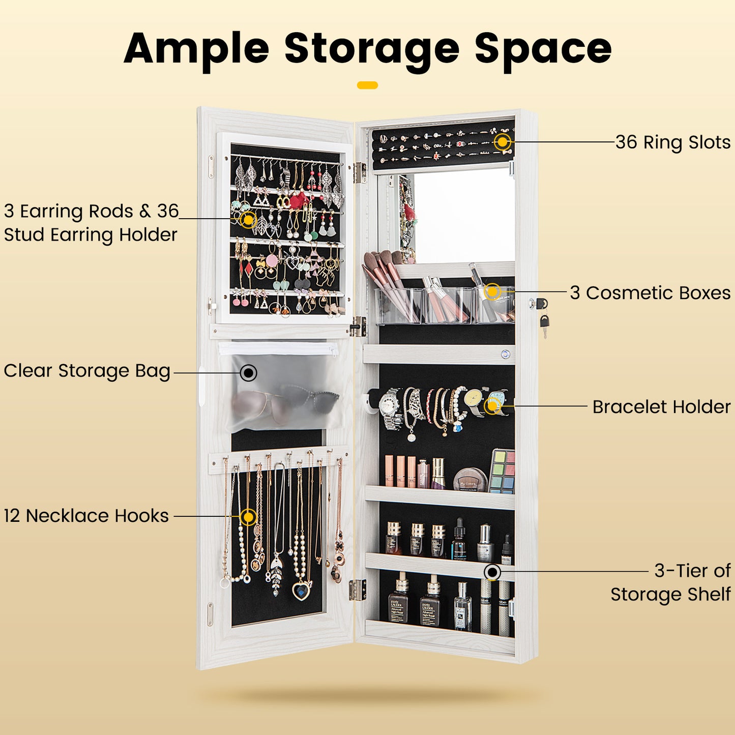 42.5 Inches Lockable Jewelry Mirror Wall Cabinet with 3-Color LED Lights-White