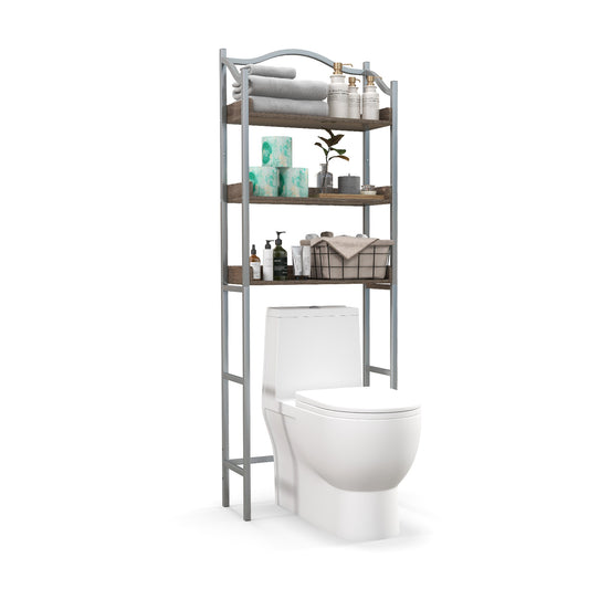 Silver 3-tier over-the-toilet bathroom storage rack for space-saving organization in the bathroom.