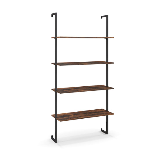 4-Tier Industrial Ladder Bookshelf with Metal Frame-Brown