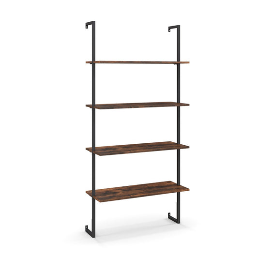 4-Tier Industrial Ladder Bookshelf with Metal Frame-Brown