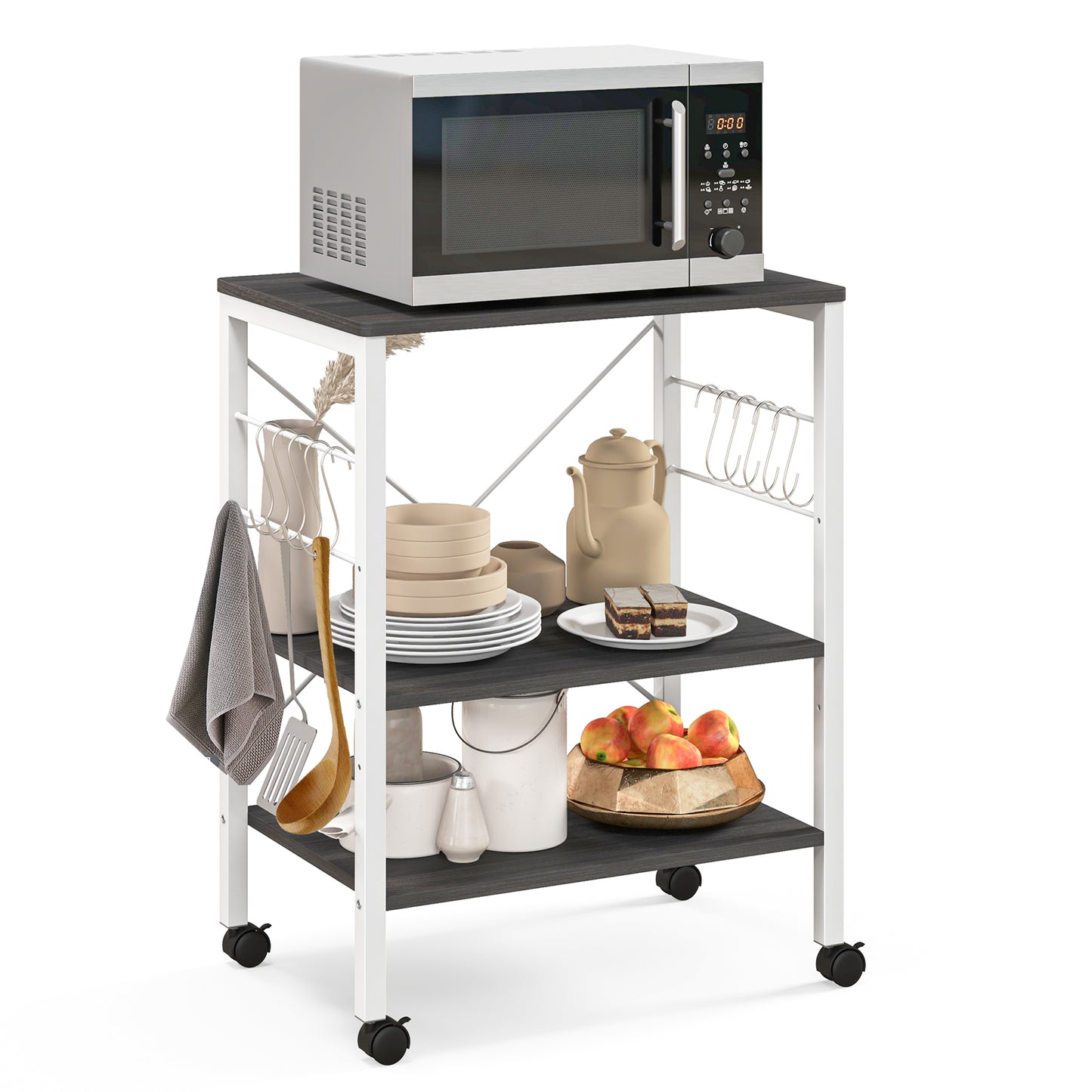 3-Tier Kitchen Baker's Rack Microwave Oven Storage Cart with Hooks-Deep Brown