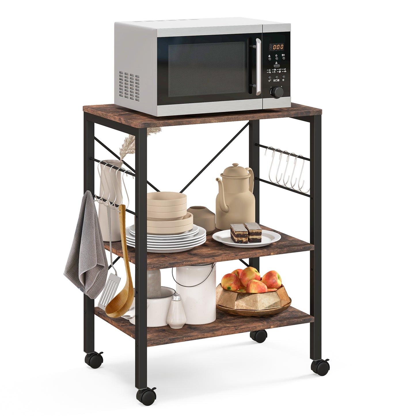 3-Tier Kitchen Baker's Rack Microwave Oven Storage Cart with Hooks-Rustic Brown
