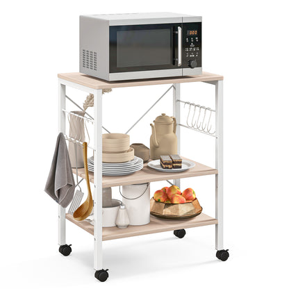 3-Tier Kitchen Baker's Rack Microwave Oven Storage Cart with Hooks-Light Brown