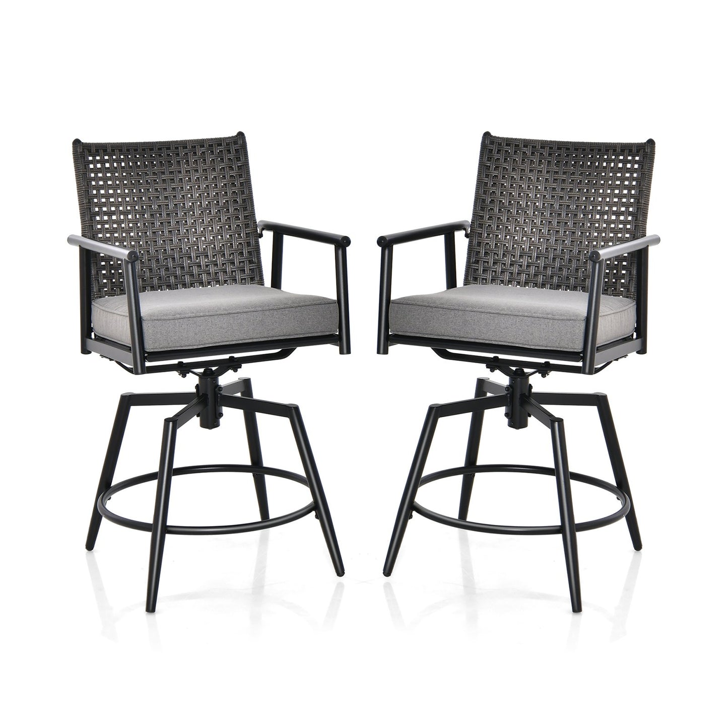 360 Degree Swivel Bar Stool Set of 2 with Metal Frame and PE Rattan Backrest-Black