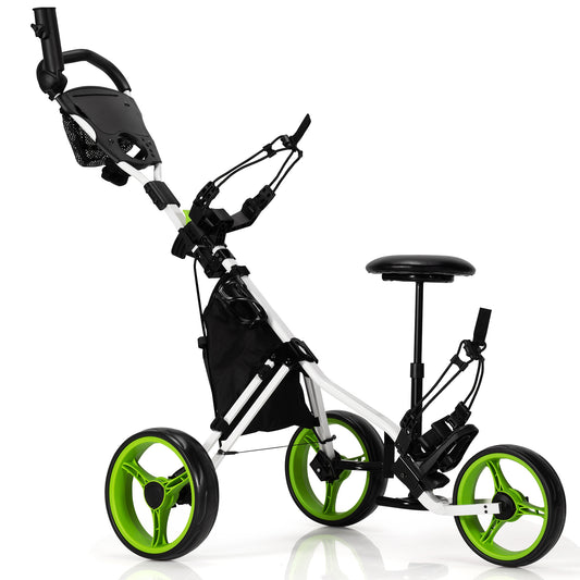 3 Wheels Folding Golf Push Cart with Seat Scoreboard and Adjustable Handle-Green