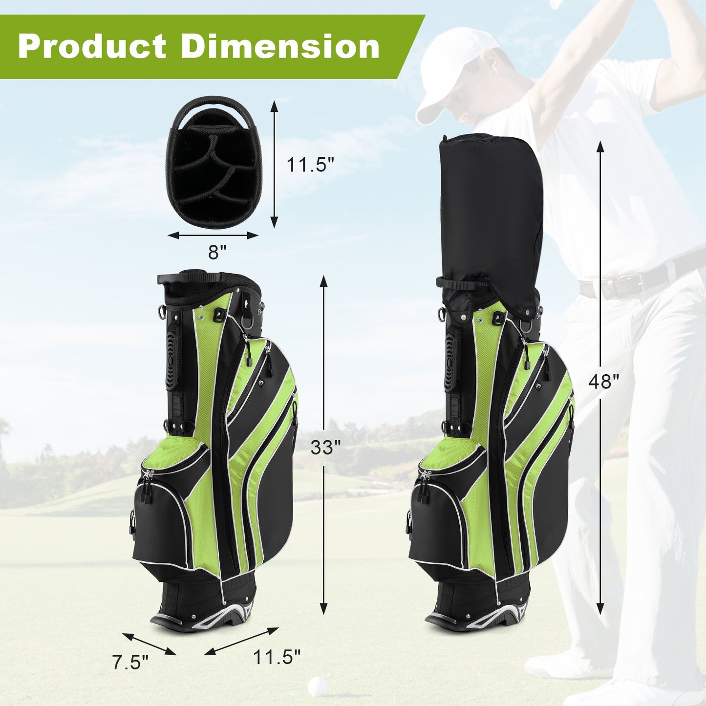 Golf Stand Cart Bag with 6-Way Divider Carry Pockets-Black