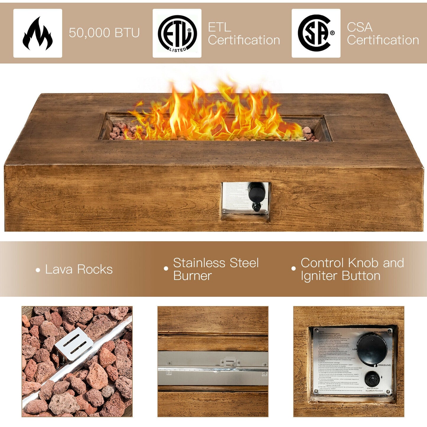 48 x 27Inch Outdoor Gas Fire Pit Table 50 000 BTU with Lava Rocks and Cover