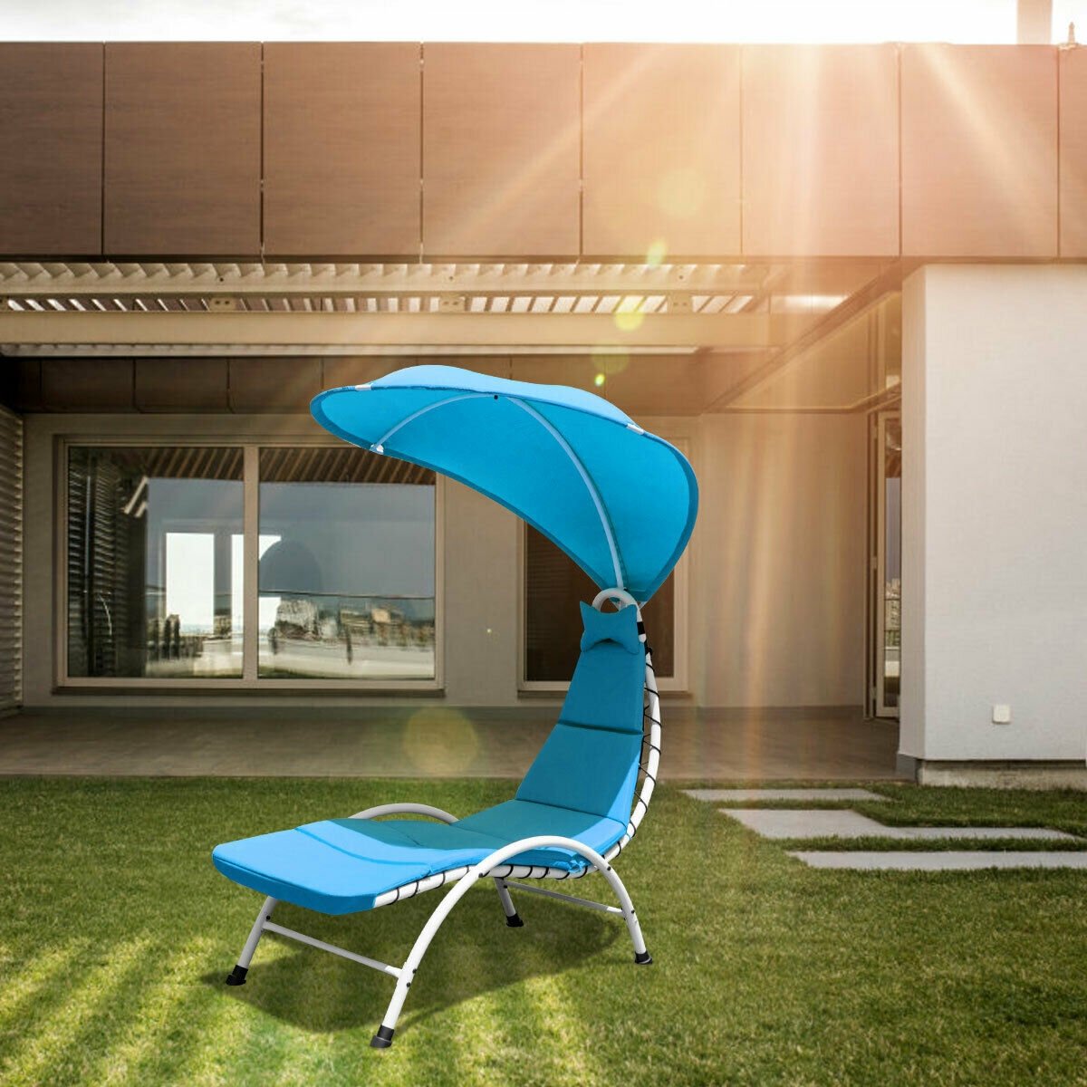 Patio Hanging Swing Hammock Chaise Lounger Chair with Canopy-Beige