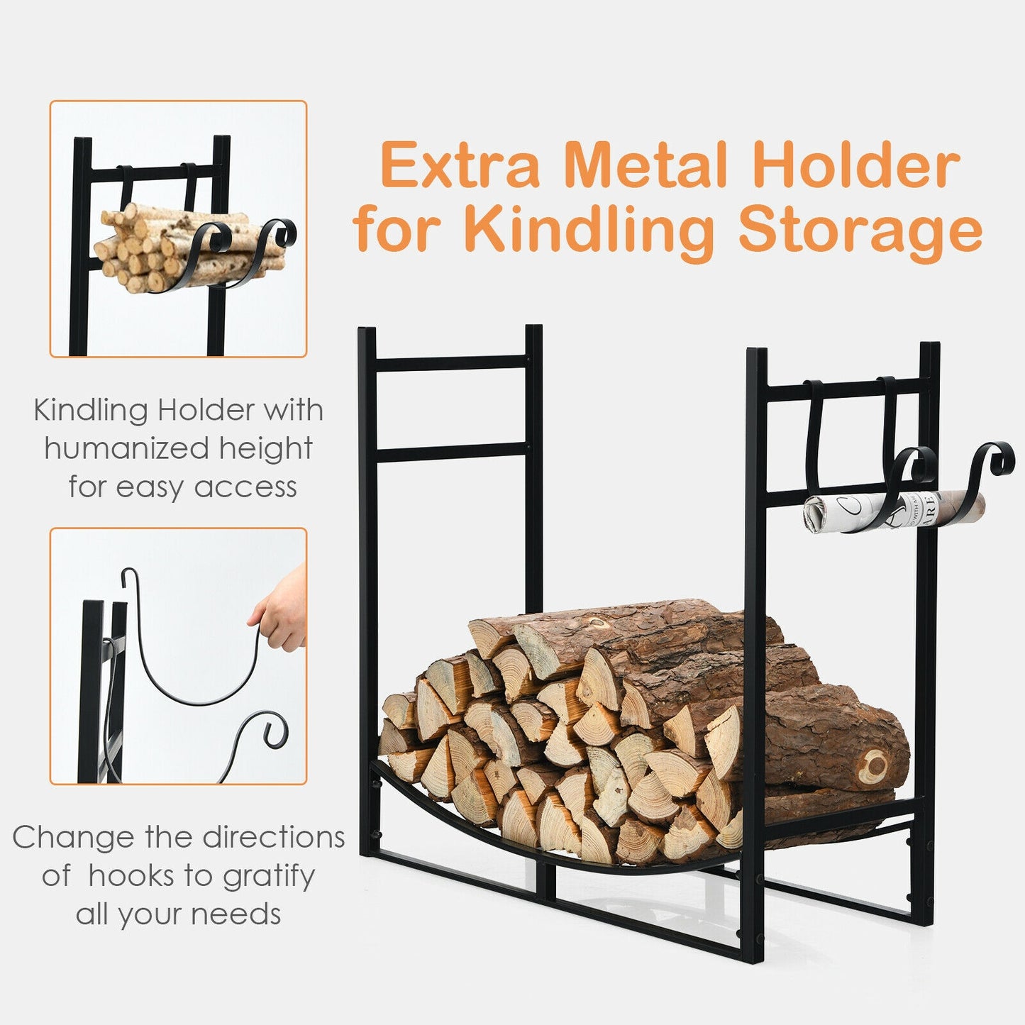 33 Inch Firewood Rack with Removable Kindling Holder Steel Fireplace Wood