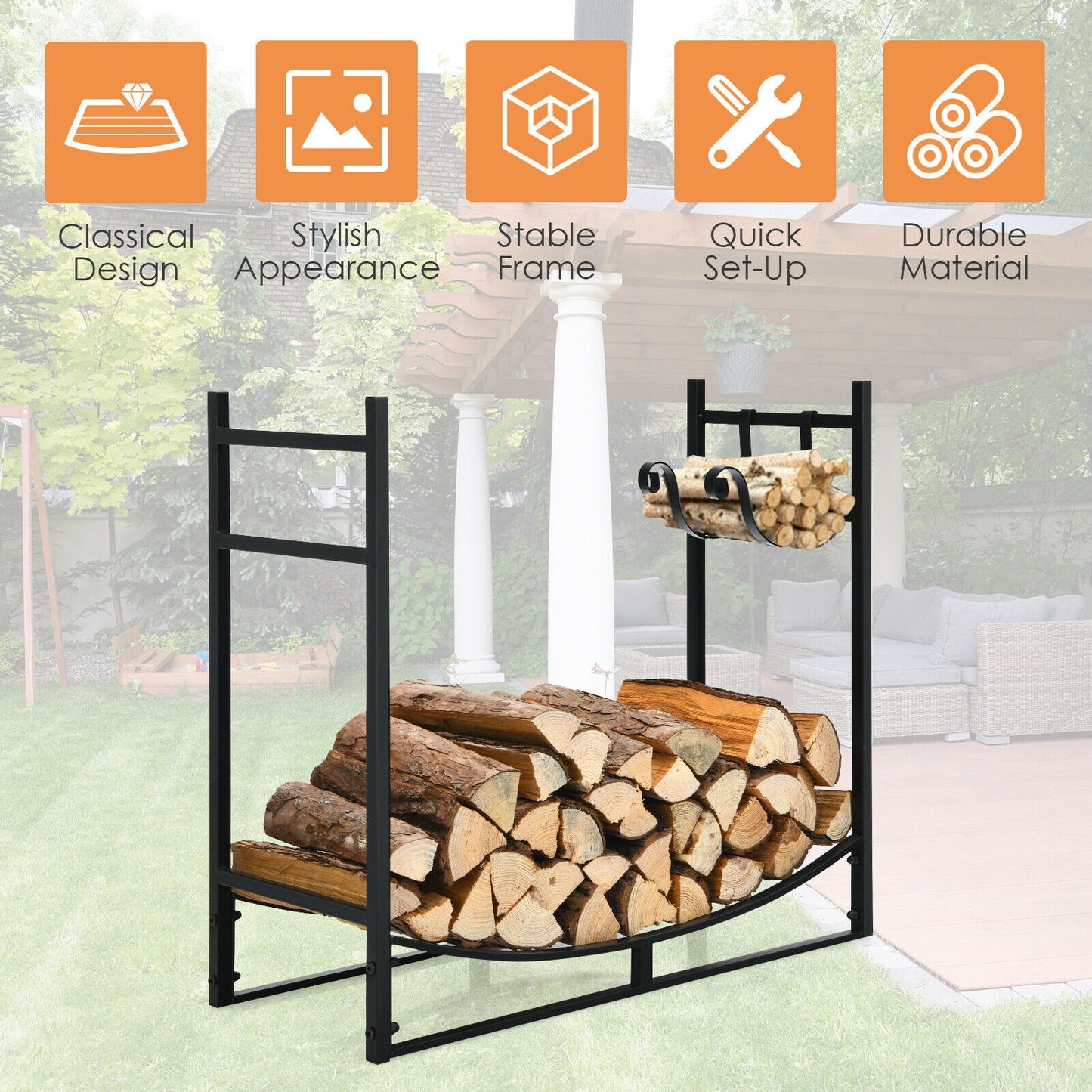 33 Inch Firewood Rack with Removable Kindling Holder Steel Fireplace Wood