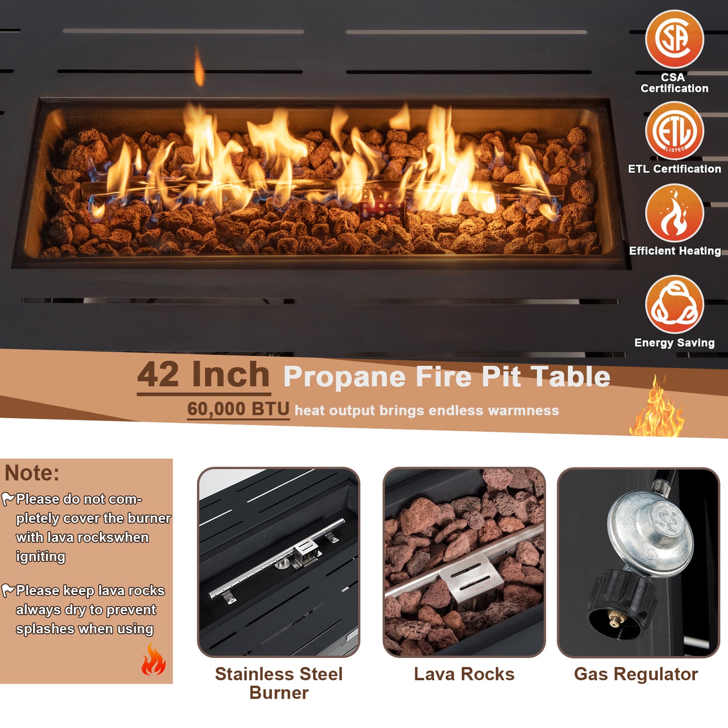42 Inch 60 000 BTU Rectangular Propane Fire Pit Table with Waterproof Cover