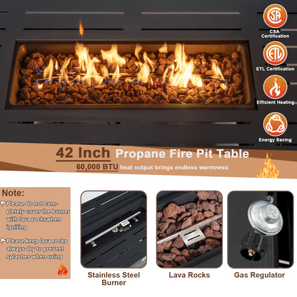 42 Inch 60 000 BTU Rectangular Propane Fire Pit Table with Waterproof Cover