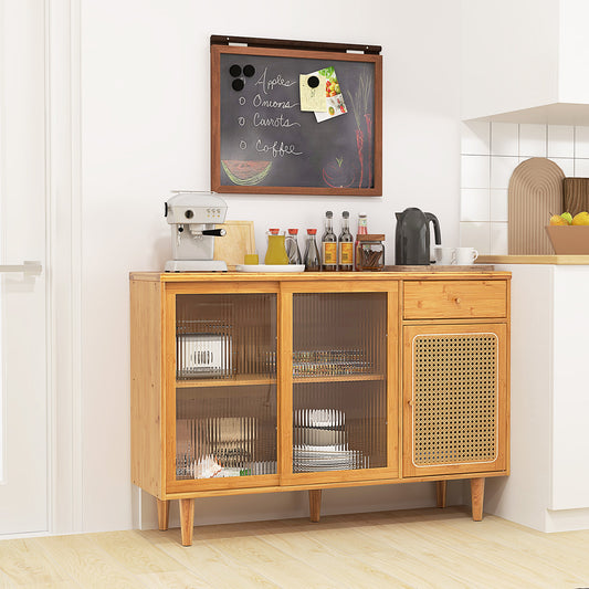 Modern Bamboo Buffet Sideboard Cabinet with Tempered Glass Sliding Doors-Natural